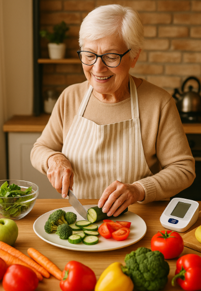 건강한 식단을 준비 중인 시니어의 부엌