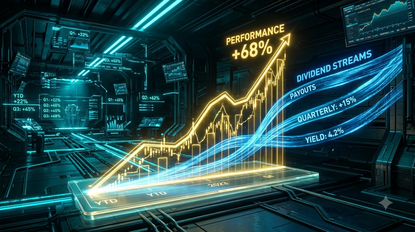 코스피 대비 +34%p 초과성과를 올리며 1년 수익률 +68% 및 연 7.9% 월배당 완성하는 TIME Korea플러스배당액티브 ETF 하이테크 금융그래픽