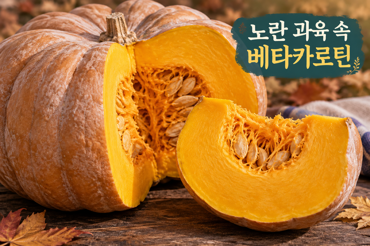 황갈색 껍질을 가른 늙은호박의 노란 과육과 씨 공간.