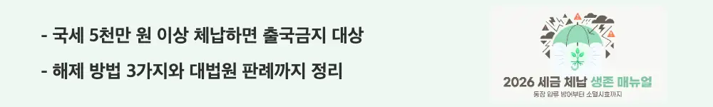세금체납 통장압류 피하는법: '국세 5천만 원 이상 체납하면 출국금지 대상 / 해제 방법 3가지와 대법원 판례까지 정리'라는 문구가 포함된 웹배너 이미지. 이 이미지는 세금 체납 출국금지 적용 기준 금액과 출국금지 해제를 위한 3가지 방법 및 대법원 판례의 핵심 내용을 시각적으로 전달하며, 블로그의 세금 체납 출국금지 기준과 대응법에 관련된 내용을 설명함