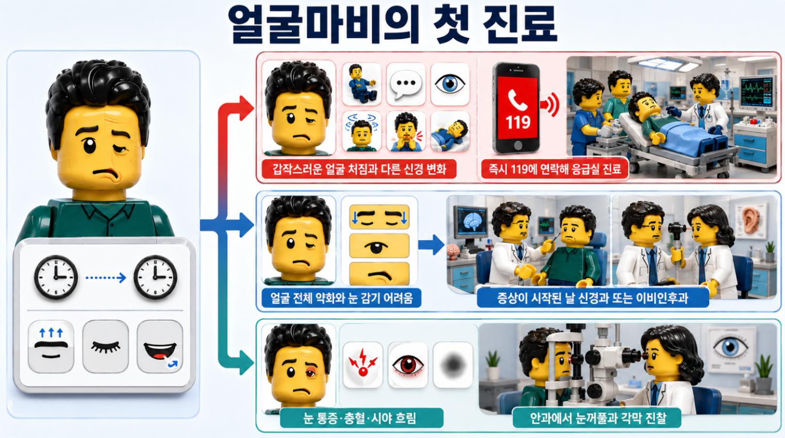 갑작스러운 얼굴 처짐은 응급실, 얼굴 전체 약화는 신경과·이비인후과, 눈 증상은 안과 진료