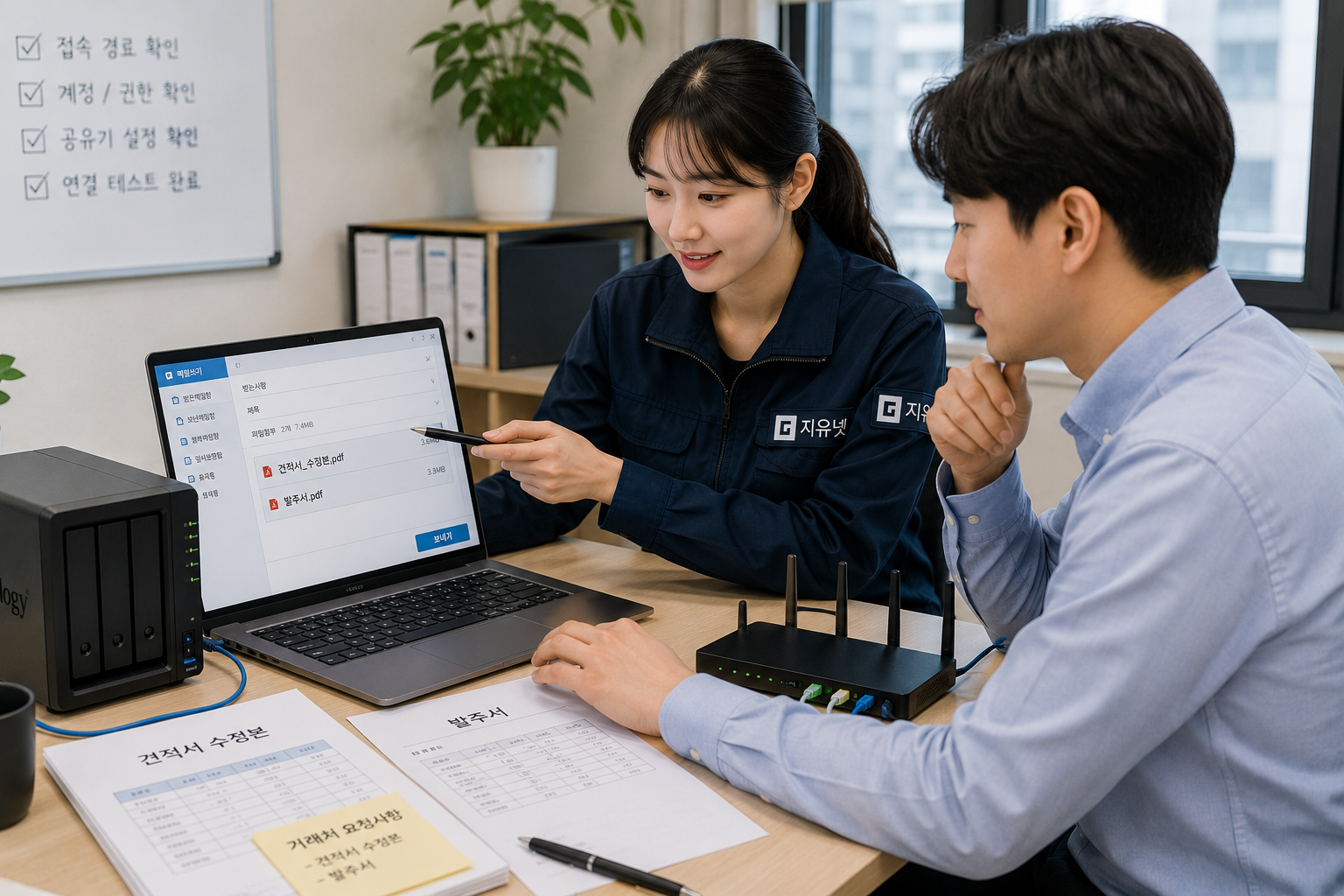 회사 관계자가 RaiDrive 접속이 정리된 뒤 견적서와 발주서 파일을 확인하고 지유넷 직원이 시놀로지 NAS와 공유기 상태를 함께 점검하는 장면