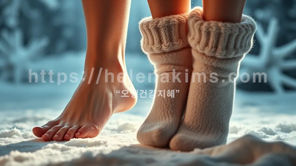 차가운 겨울 배경에 축축하게 땀이 맺힌 발과, 포근한 양말을 신고 따뜻하게 빛나는 뽀송한 발을 극명하게 대비시킨다. 발 다한증의 불편함과 쾌적한 해결책을 상징적으로 보여주며, 건강한 겨울 발 관리에 대한 희망을 전달하는 이미지.
