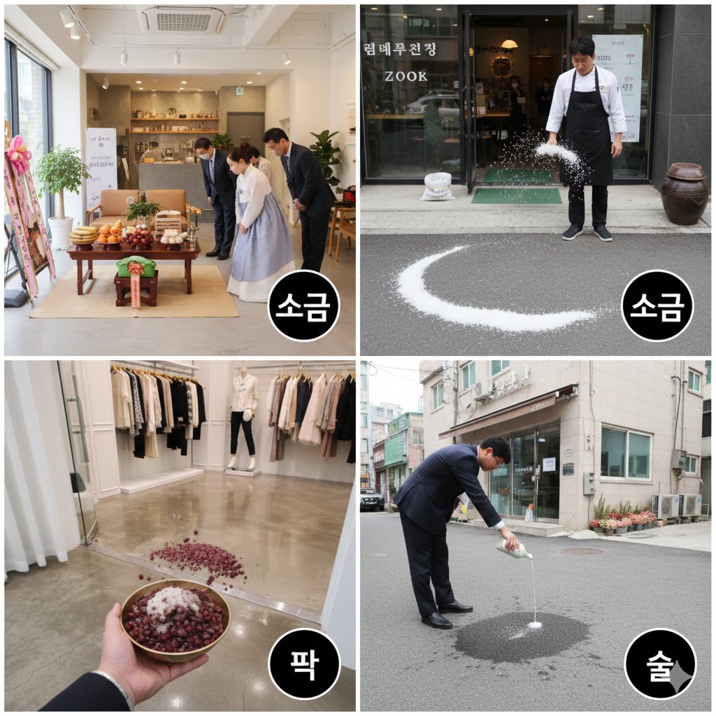 개업고사 이후 소금&middot;팥&middot;술을 활용하는 풍습을 보여주는 이미지 그리드