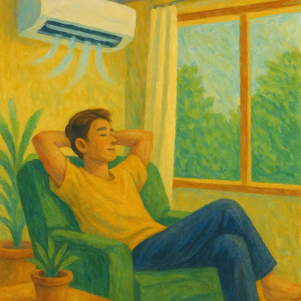 깨끗하게 청소된 에어컨과 상쾌한 실내 환경에서 편안하게 휴식하는 사람