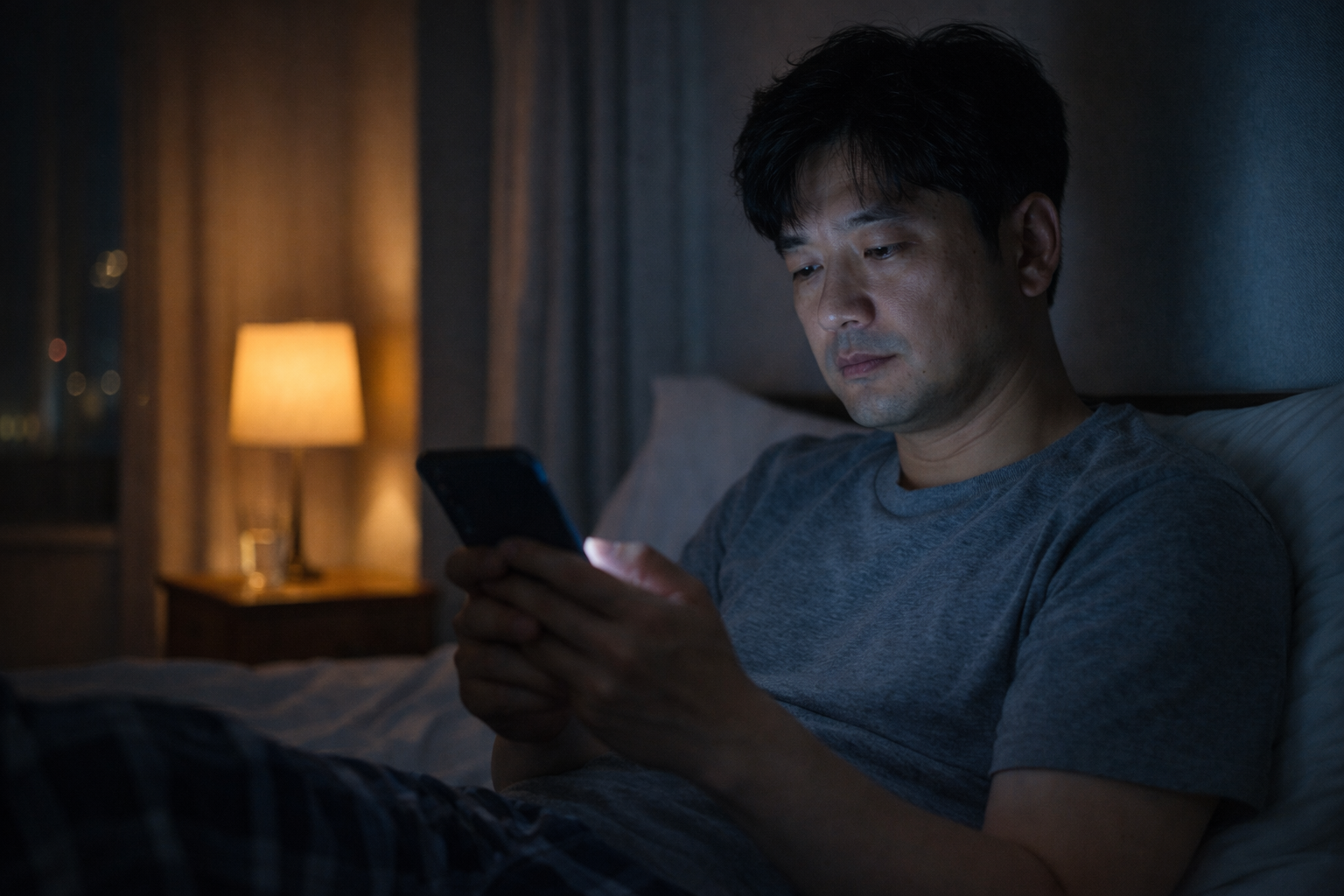 잠자기 전 침대에서 스마트폰 화면을 바라보며 각성이 유지되는 남성의 모습