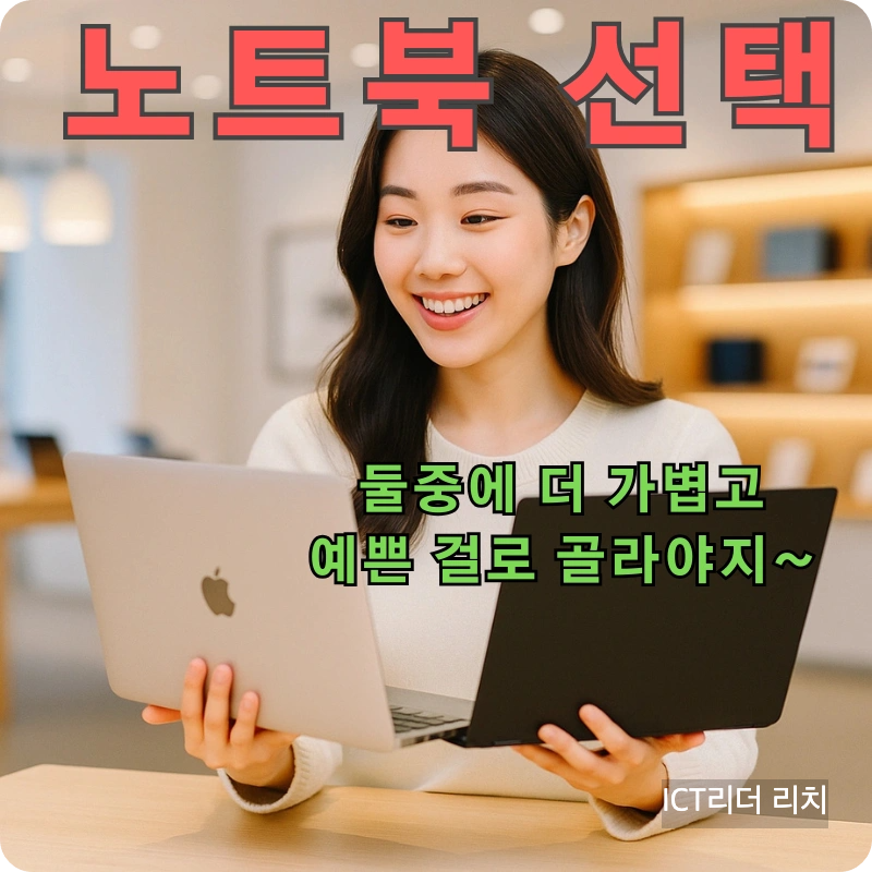 &ldquo;노트북 선택&rdquo;이라는 문구와 함께 두 노트북을 들고 웃는 여성, 유쾌한 텍스트 포함