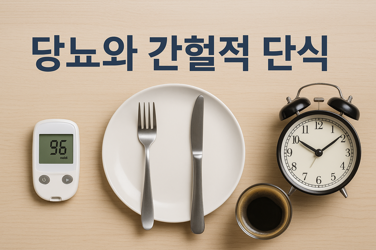 “당뇨와 간헐적 단식을 주제로 한 썸네일 이미지. 나무 질감의 밝은 배경 위에 빈 접시와 포크·나이프, 혈당 측정기, 아날로그 시계, 블랙커피가 가지런히 놓여 있으며, 상단에는 ‘당뇨와 간헐적 단식’이라는 문구가 적혀 있는 실사풍 구성.”