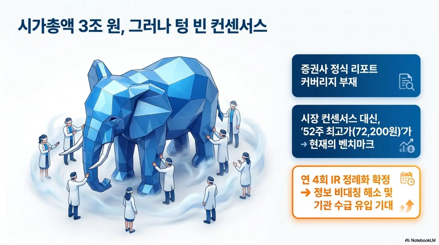 동진쎄미켐 주가 전망: 시가총액 3조 원대 동진쎄미켐의 증권사 정식 리포트 커버리지가 비어 52주 최고가 72,200원이 사실상 벤치마크가 되고, 연 4회 IR 정례화로 정보 비대칭 해소가 기대된다는 점을 표현한 이미지