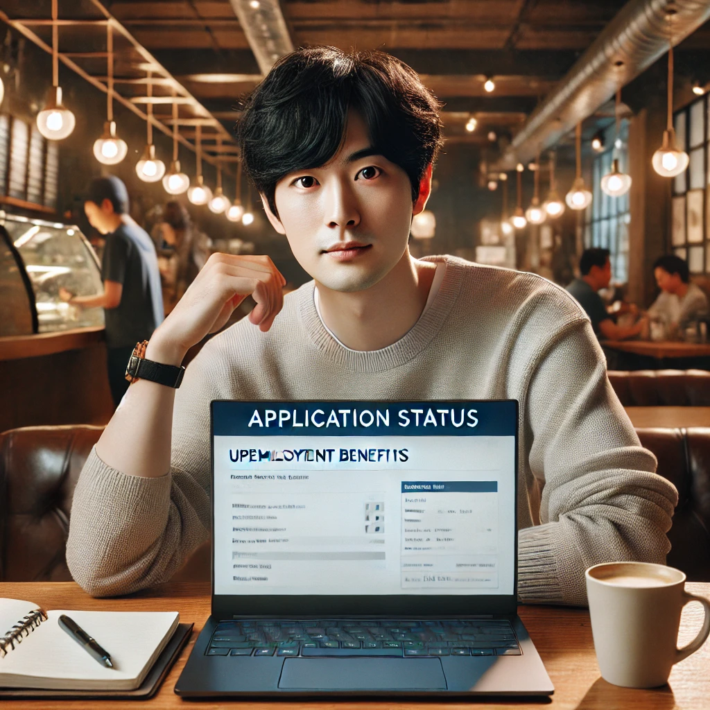 카페에서 실업급여 상태를 확인하는 20대 한국 남성