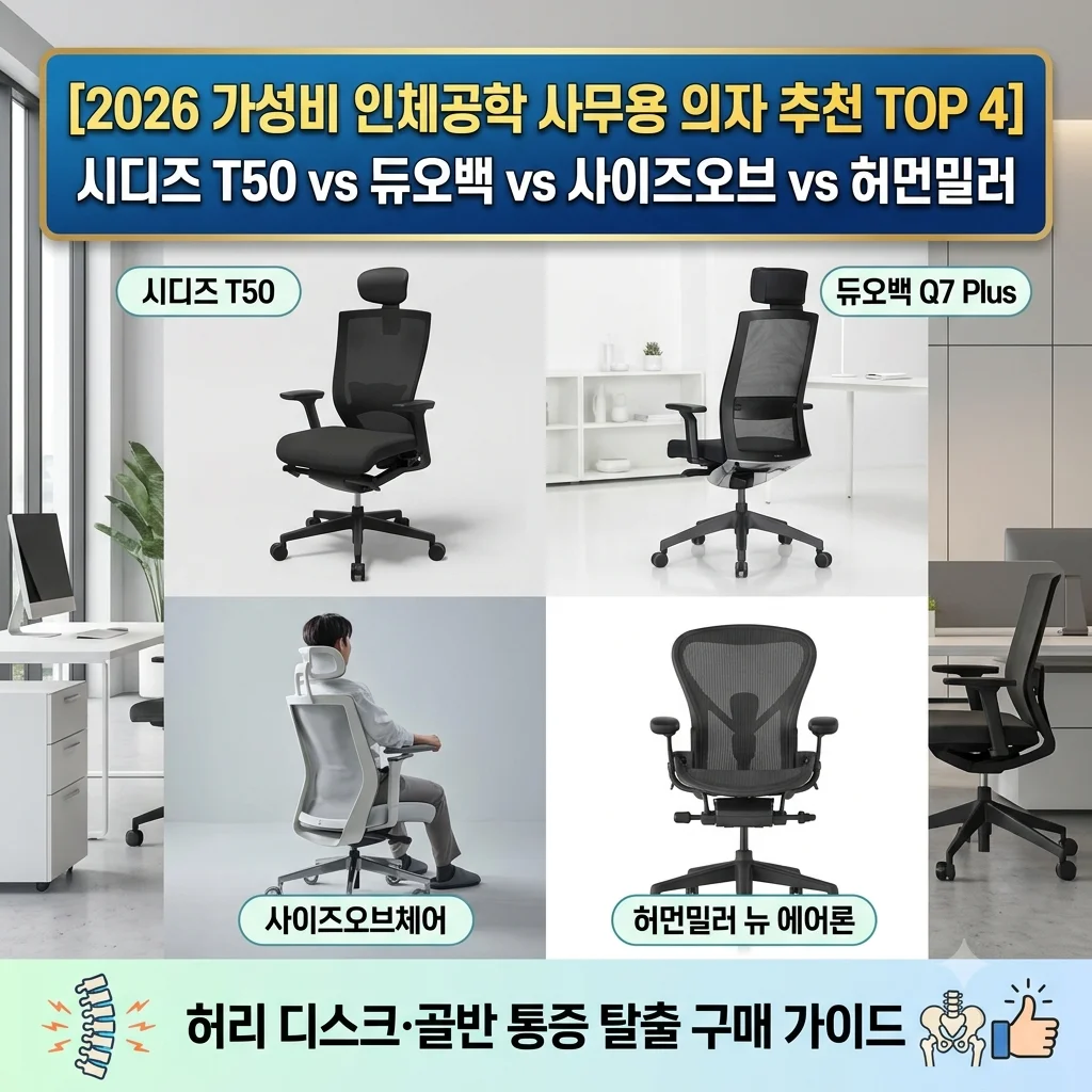 2026 가성비 인체공학 사무용 의자 추천 TOP 4 시디즈 T50 듀오백 Q7 사이즈오브 허먼밀러 에어론 비교 허리디스크 데스크셋업 가이드