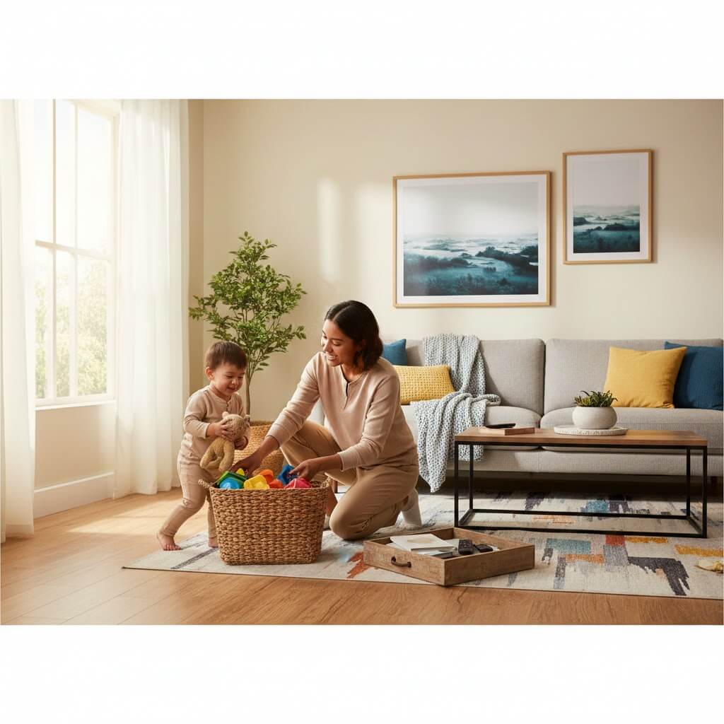 아이와 함께 장난감을 정리하는 모습