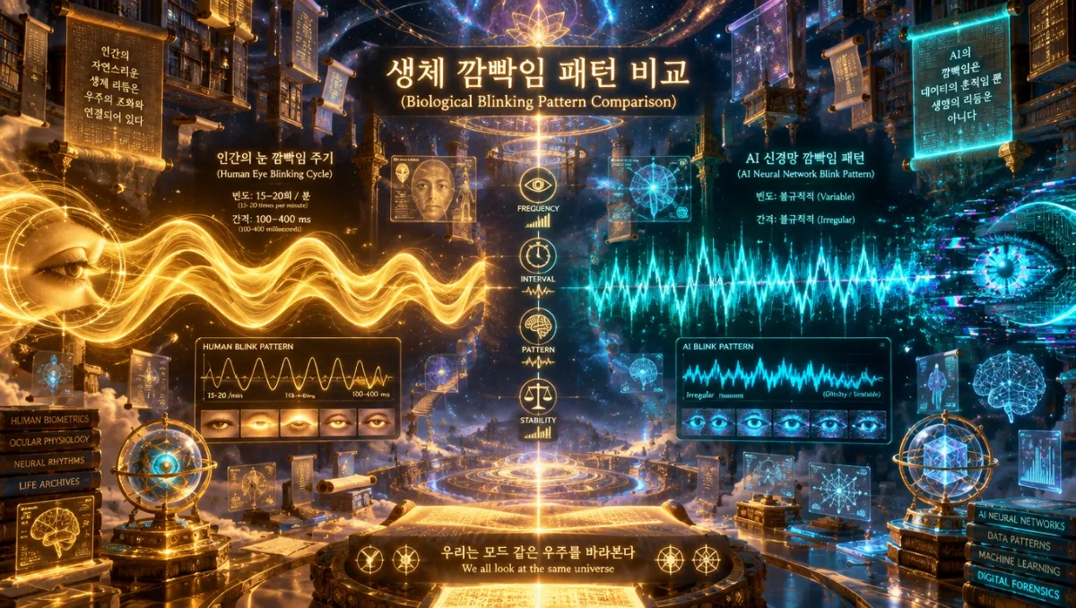 아카식 도서관에서 왼쪽은 인간의 자연스러운 황금빛 부드러운 깜빡임 파형, 오른쪽은 AI의 청록빛 들쭉날쭉한 인공 파형이 대비되는 우주 다이어그램