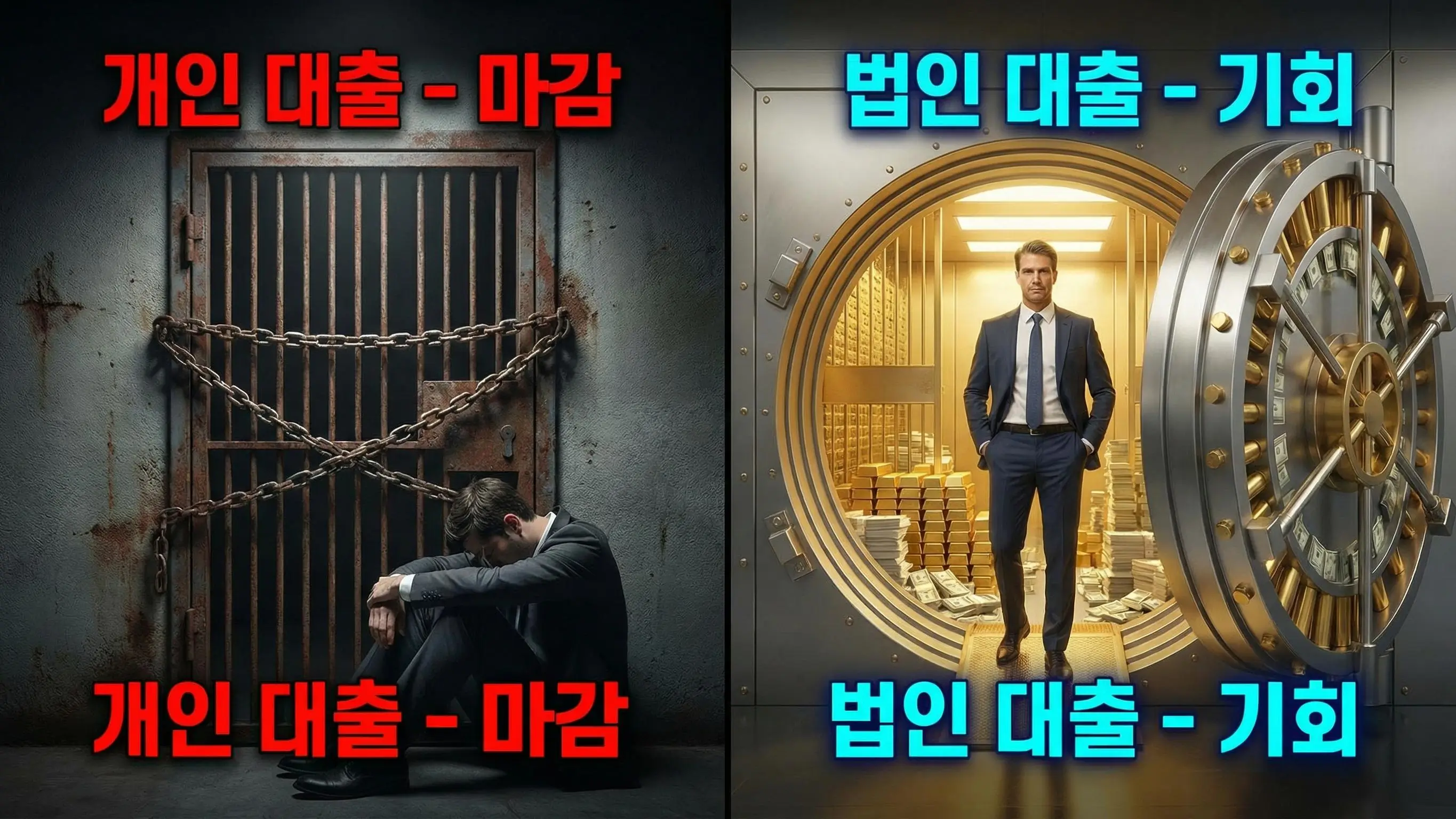 개인의 닫힌 대출 문과 활짝 열린 법인 대출 금고를 대비시켜 자금 조달의 기회를 시각화한 이미지