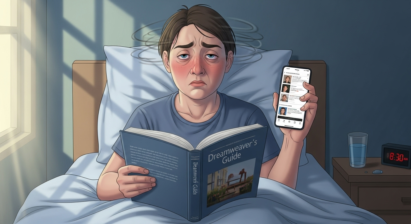 수면유도제 복용 후 다음 날까지 어지러움과 집중력 저하를 겪는 사람의 흐릿한 표정