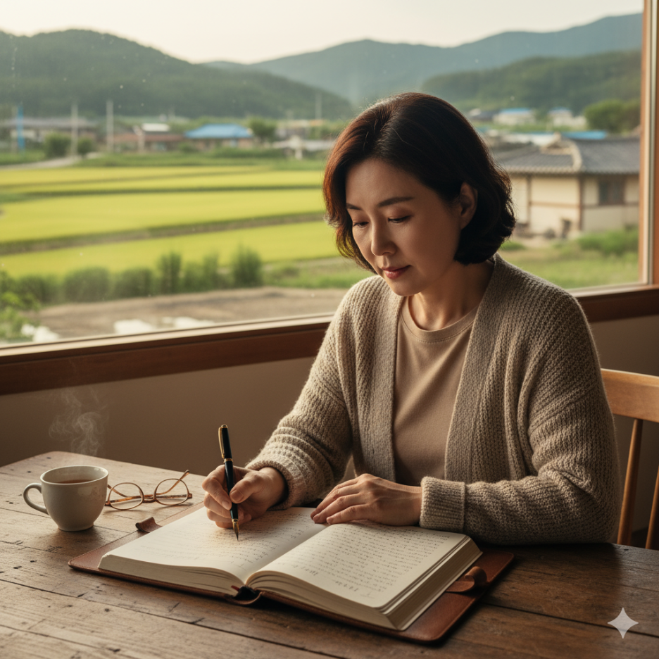 노트에 하루의 감정과 생각을 기록하며 자신을 성찰하는 사람의 모습, 저널루틴을 통한 감정정리와 사고확장을 상징하는 장면 (이미지 생성:google)