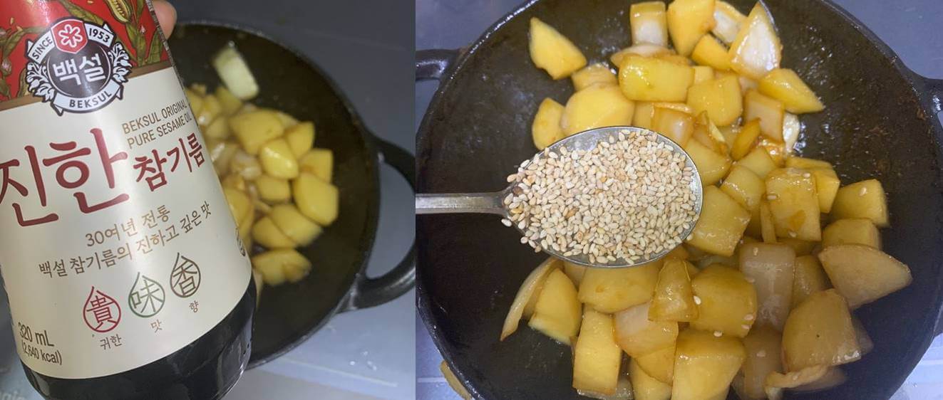 오른쪽 사진은 참기름병 사진이다.
왼쪽은 감자조림에 통깨를 넣고 있는 사진이다.