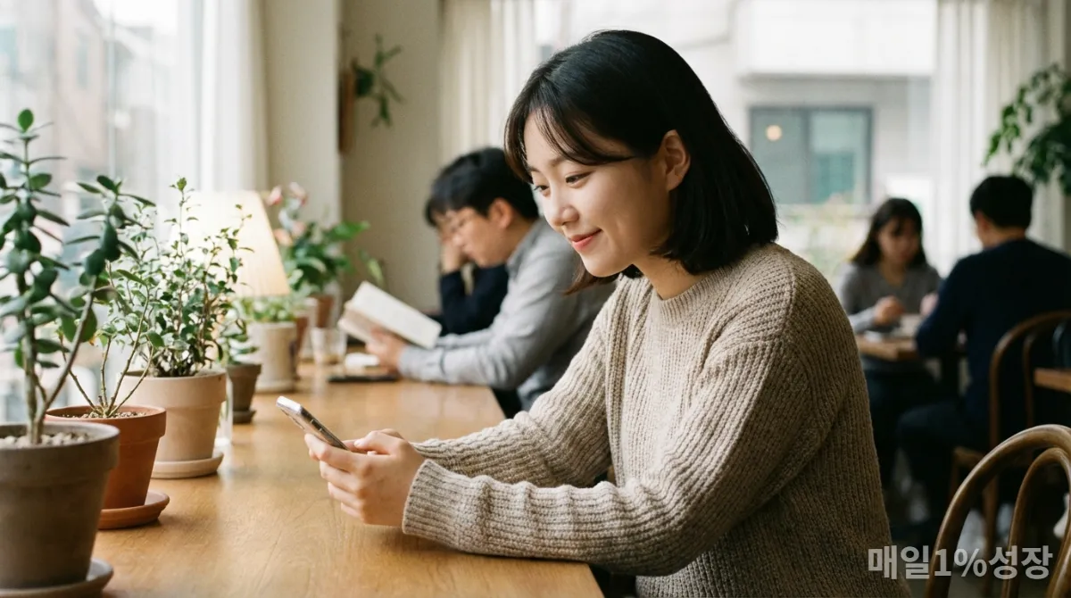 한국 카페에서 소셜 미디어를 현명하게 이용하는 여성