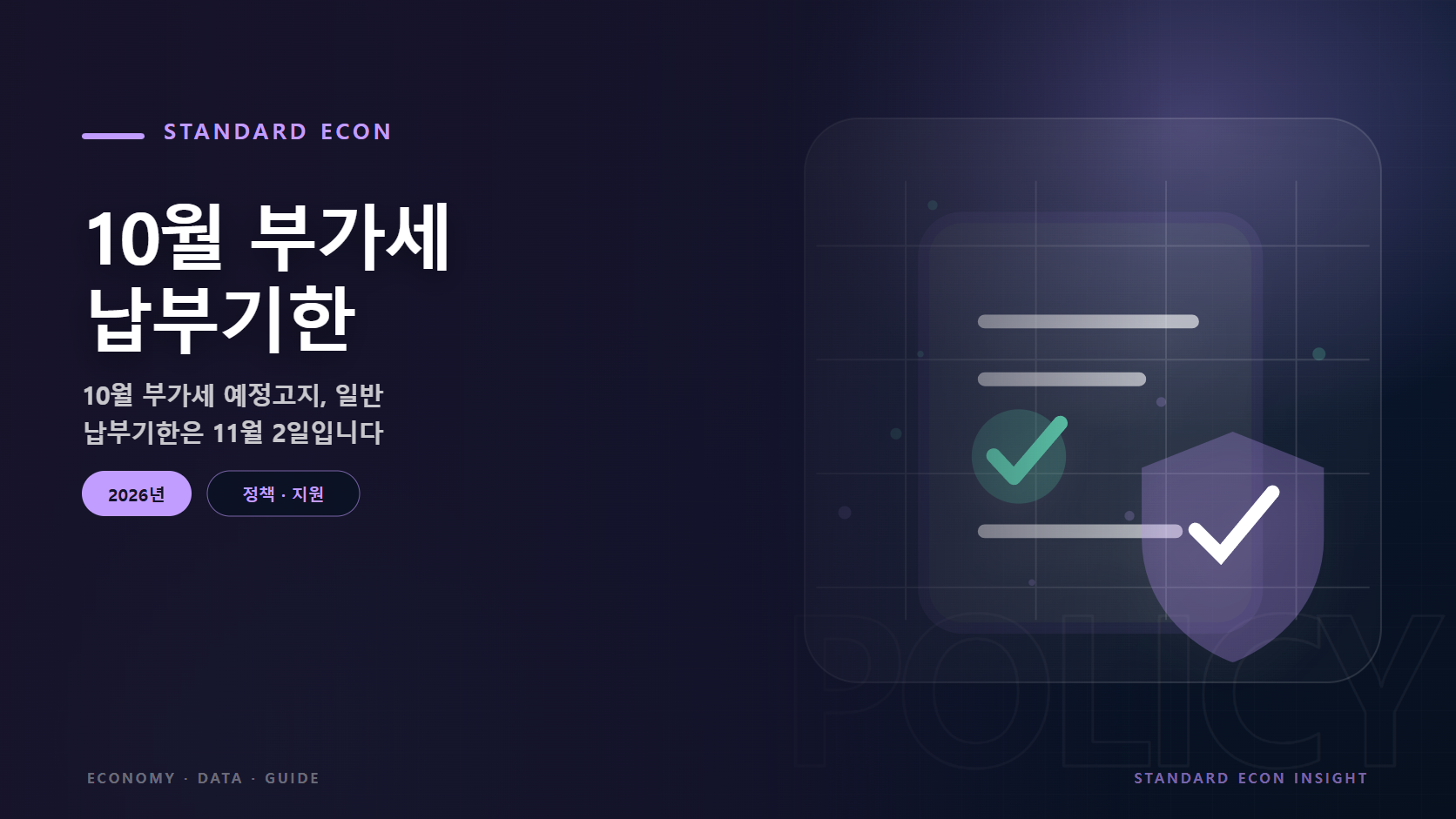 10월 부가세 납부기한 문구와 정책 문서와 체크, 보호 방패 그래픽 요소를 담은 정책 &middot; 지원 경제 콘텐츠 대표 이미지