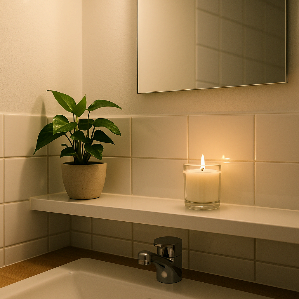 욕실 선반 위 식물과 향초로 꾸며진 정화된 욕실