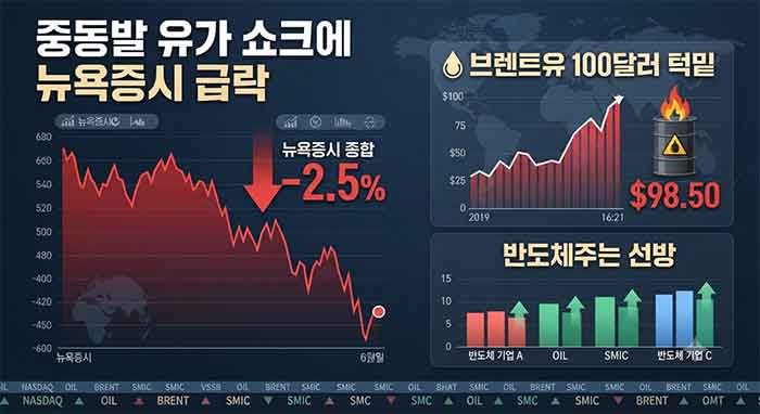 중동발 유가 상승과 뉴욕증시 급락 지표 이미지.