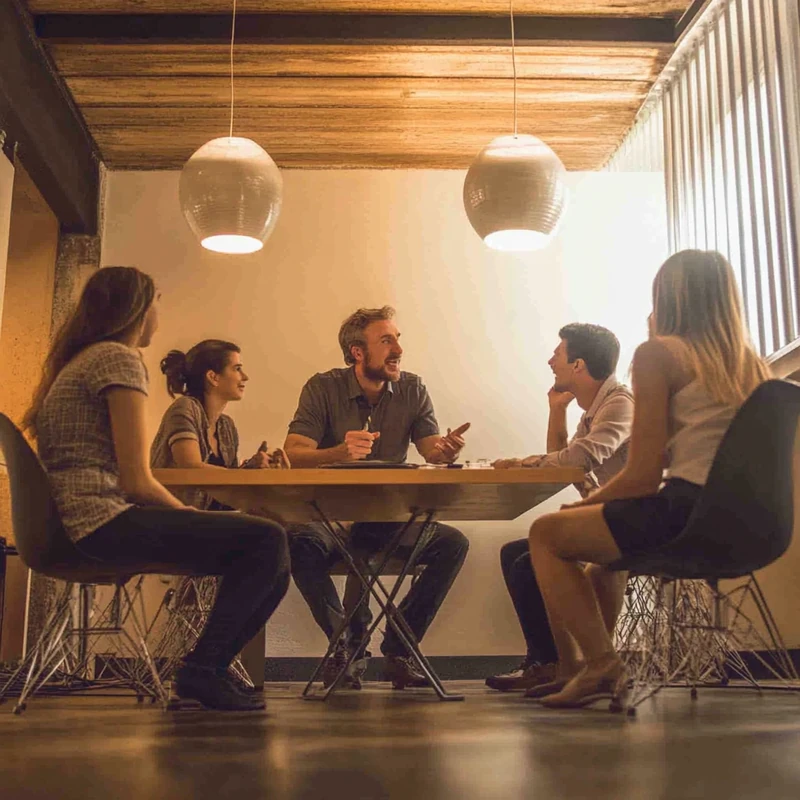 조용한 사무실에서 컨설턴트가 소규모 초보 투자자들에게 ETF의 기본 개념을 설명하며 신뢰를 쌓습니다.