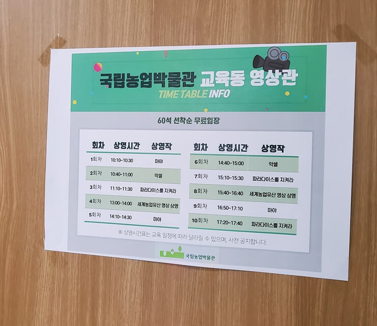 국립농업박물관 영상관 상영안내판