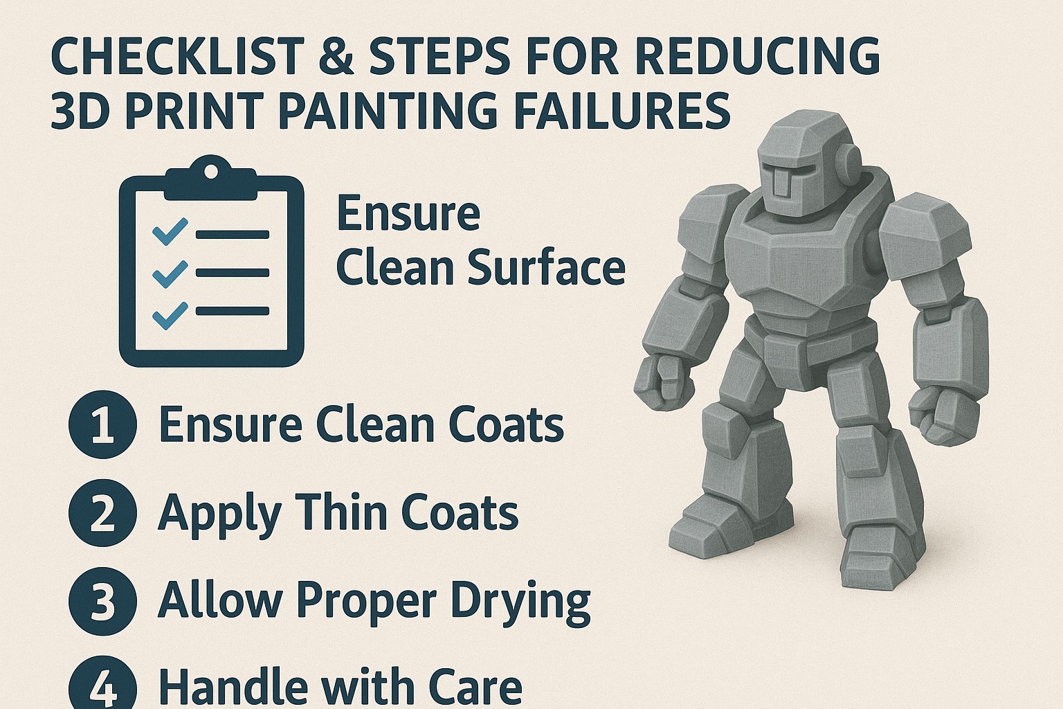 3D 프린터 출력물 도색 과정에서 사고·민원처럼 번지는 문제를 줄이듯 실패를 줄이는 체크리스트와 작업 순서를 정리한 인포그래픽 예시