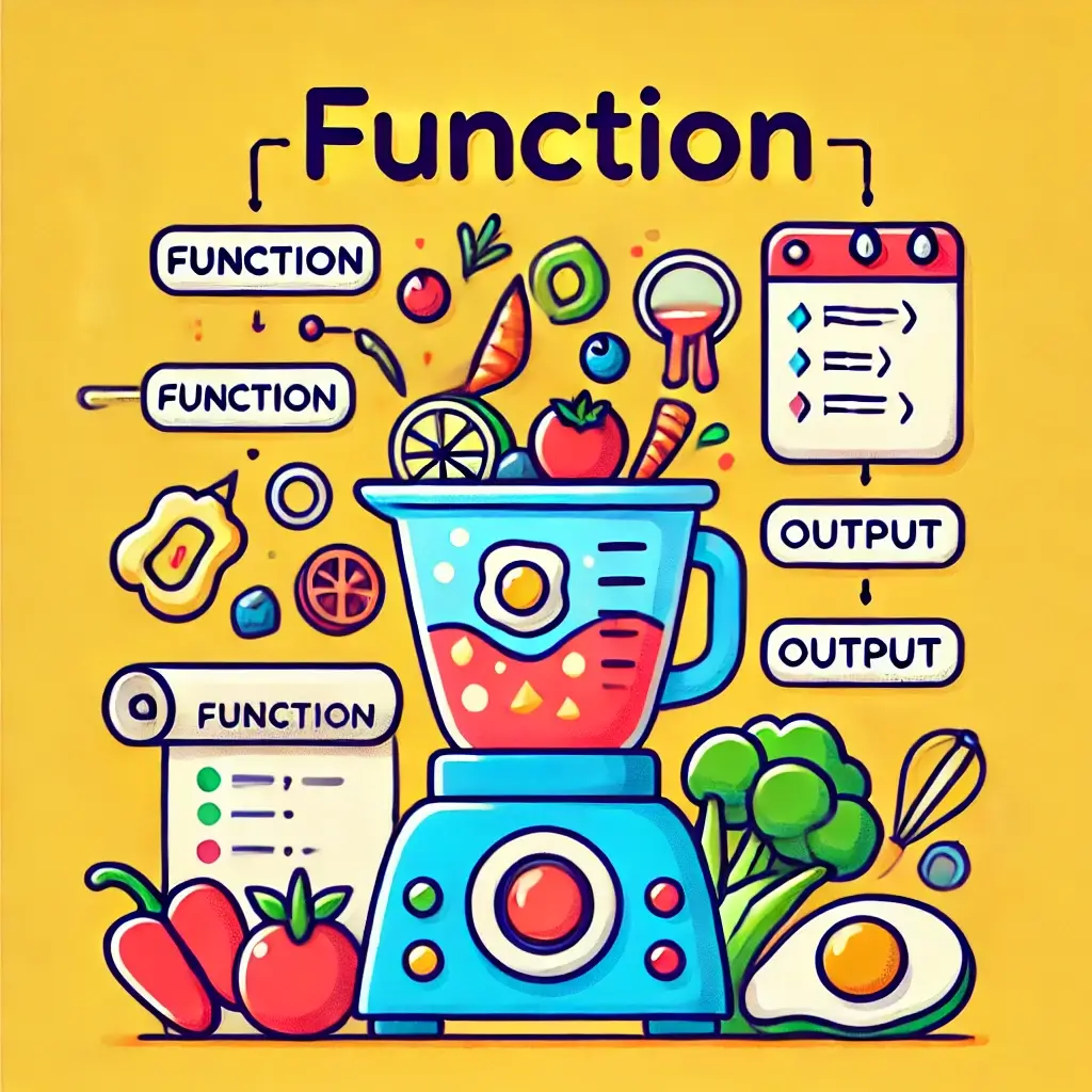 &quot;프로그래밍 함수 개념을 나타내는 귀여운 조리법 이미지로, 여러 재료가 'Function'이라고 적힌 큰 냄비에 들어가고, 다른 쪽에서 완성된 요리가 'Output'으로 나오는 모습. 배경에는 주방 도구와 밝은 색상의 아이콘들이 있어 활기찬 느낌을 줌.&quot;