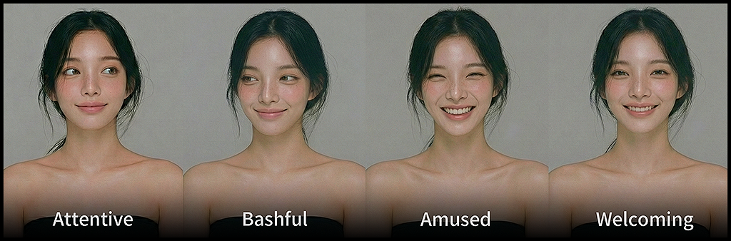 나노 바나나로 생성한 인물 캐릭터의 Attentive, Bashful, Amused, Welcoming 성격 표현 시트, 사회적 상호작용에서 드러나는 표정과 태도를 관찰한 캐릭터 시트_Midjourney & Nano Banana