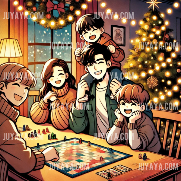 웹툰 스타일로 그려진 장면으로, 크리스마스 트리와 장식이 있는 방에서 보드게임을 즐기며 웃고 있는 가족의 모습. 따뜻한 조명과 즐거운 표정이 어우러져 크리스마스의 행복한 분위기를 강조합니다.