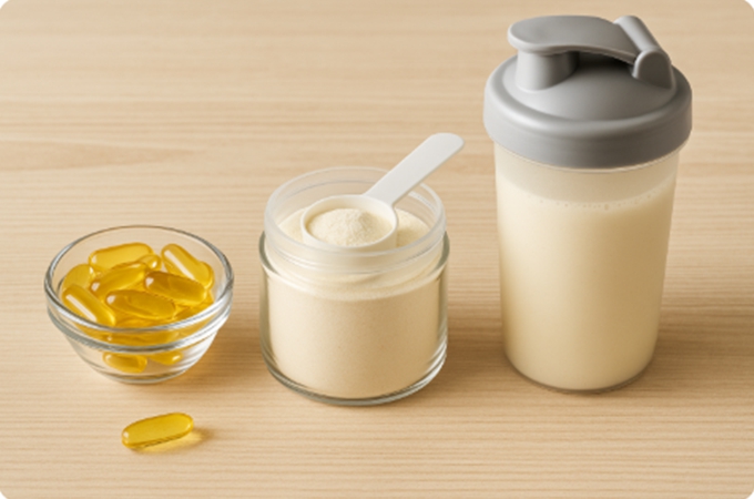밝은 나무 테이블 위에 오메가3 캡슐, 콜라겐 분말이 담긴 유리병, 그리고 단백질 쉐이크 병이 나란히 놓여 있는 장면. 자연광 아래 깨끗하고 건강한 느낌의 구도.