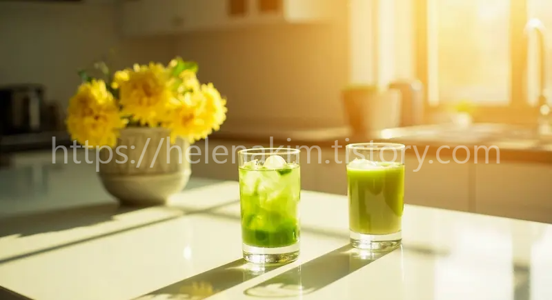 아침 햇살이 들어 오는 깨끗한 주방 식탁에 건강 주스 부추 즙 2잔이 놓여 있는 이미지.