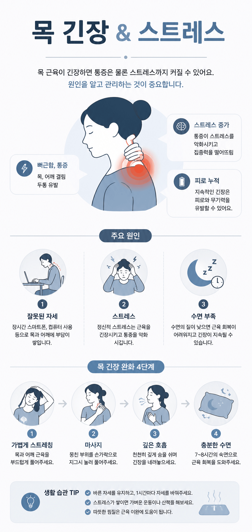 뒷목 긴장 원인과 완화법을 정리한 인포그래픽
