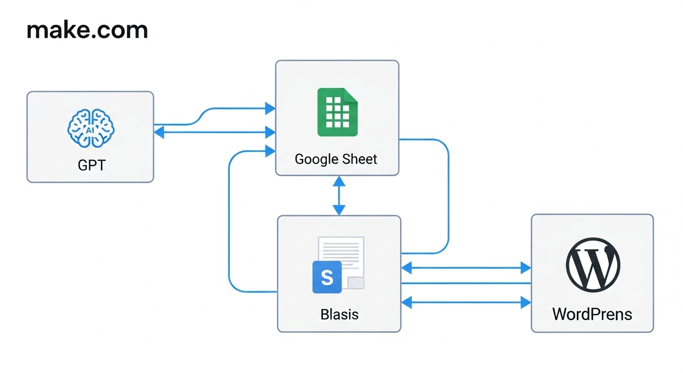 MAKE를 활용한 GPT-구글시트-워드프레스 연동 자동화 시나리오 흐름도.