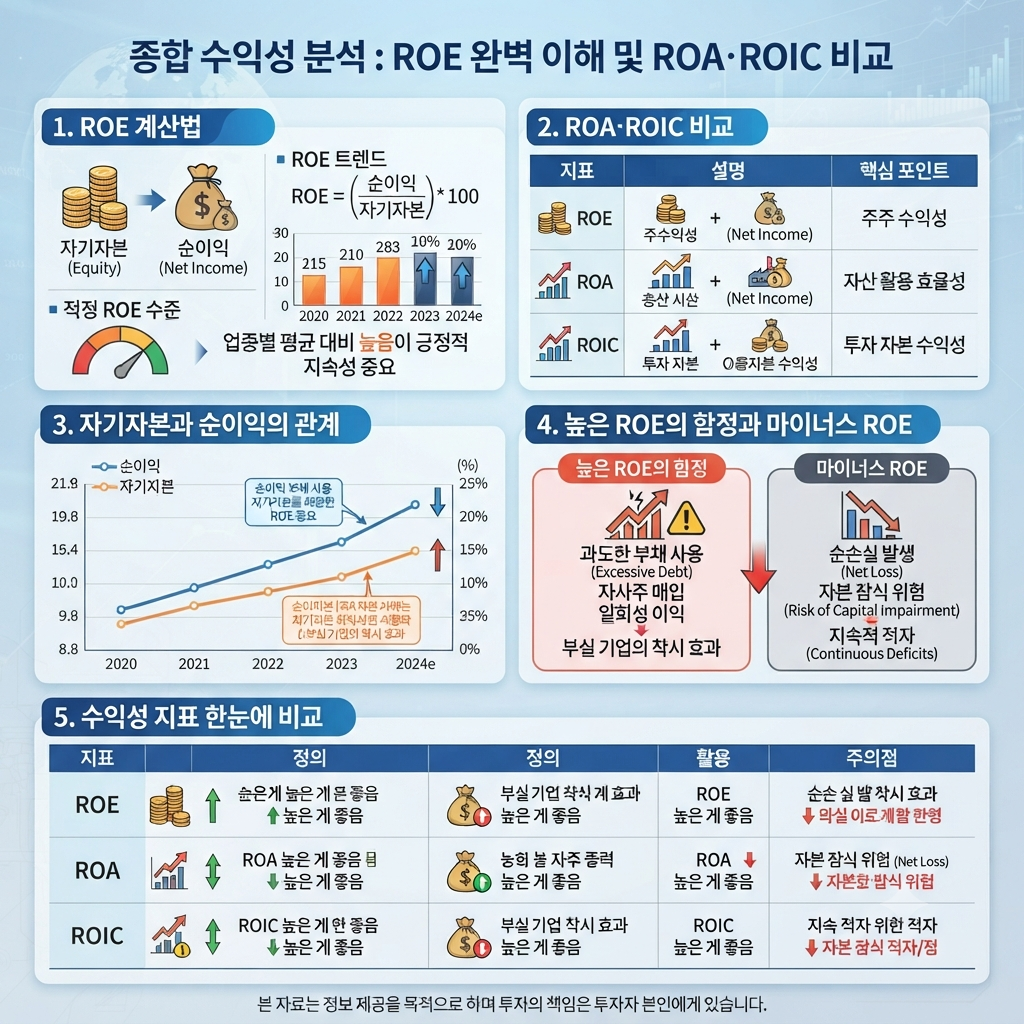 ROE 계산법과 적정 수준, 업종별 비교와 높은 ROE의 함정을 설명하는 금융 분석 이미지