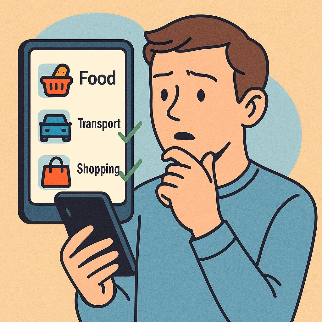 가계부-자동-카테고리-분류의-정확도를-주제로-한-일러스트로,-남성이-스마트폰-화면의-지출-항목을-살펴보며-생각하는-모습이-그려져,-AI의-분류-정확도와-데이터-신뢰성을-상징함.