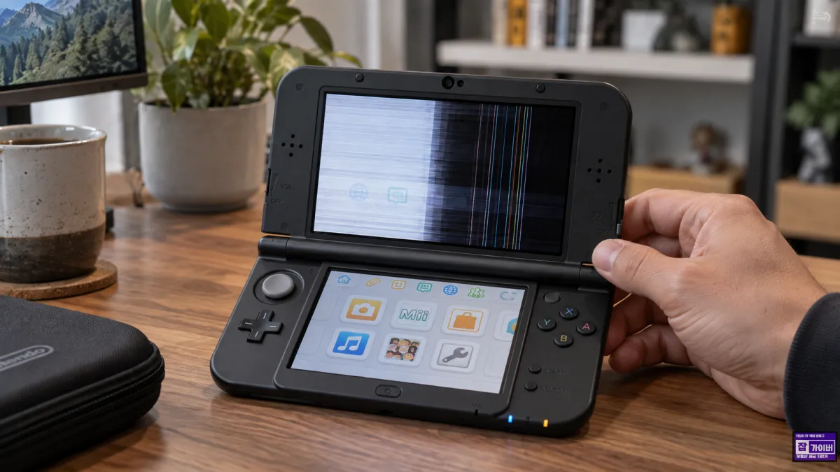 닌텐도 3DS 상단 LCD 액정에 세로줄과 화면 표시 불량이 발생한 고장 증상 재현 이미지