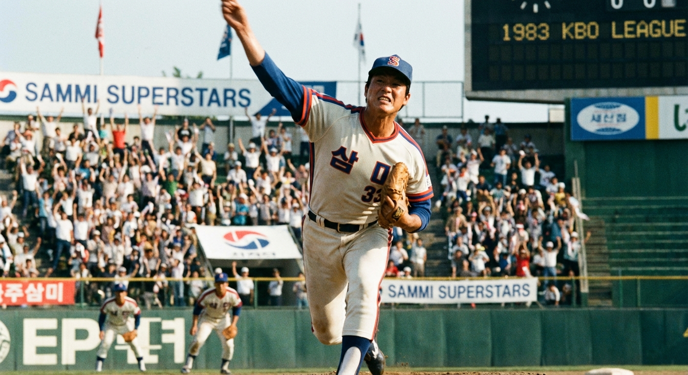 1983년 삼미 슈퍼스타즈의 전설적인 투수 장명부가 마운드에서 역동적으로 공을 던지는 모습. 뜨거웠던 30승 신화의 순간.
