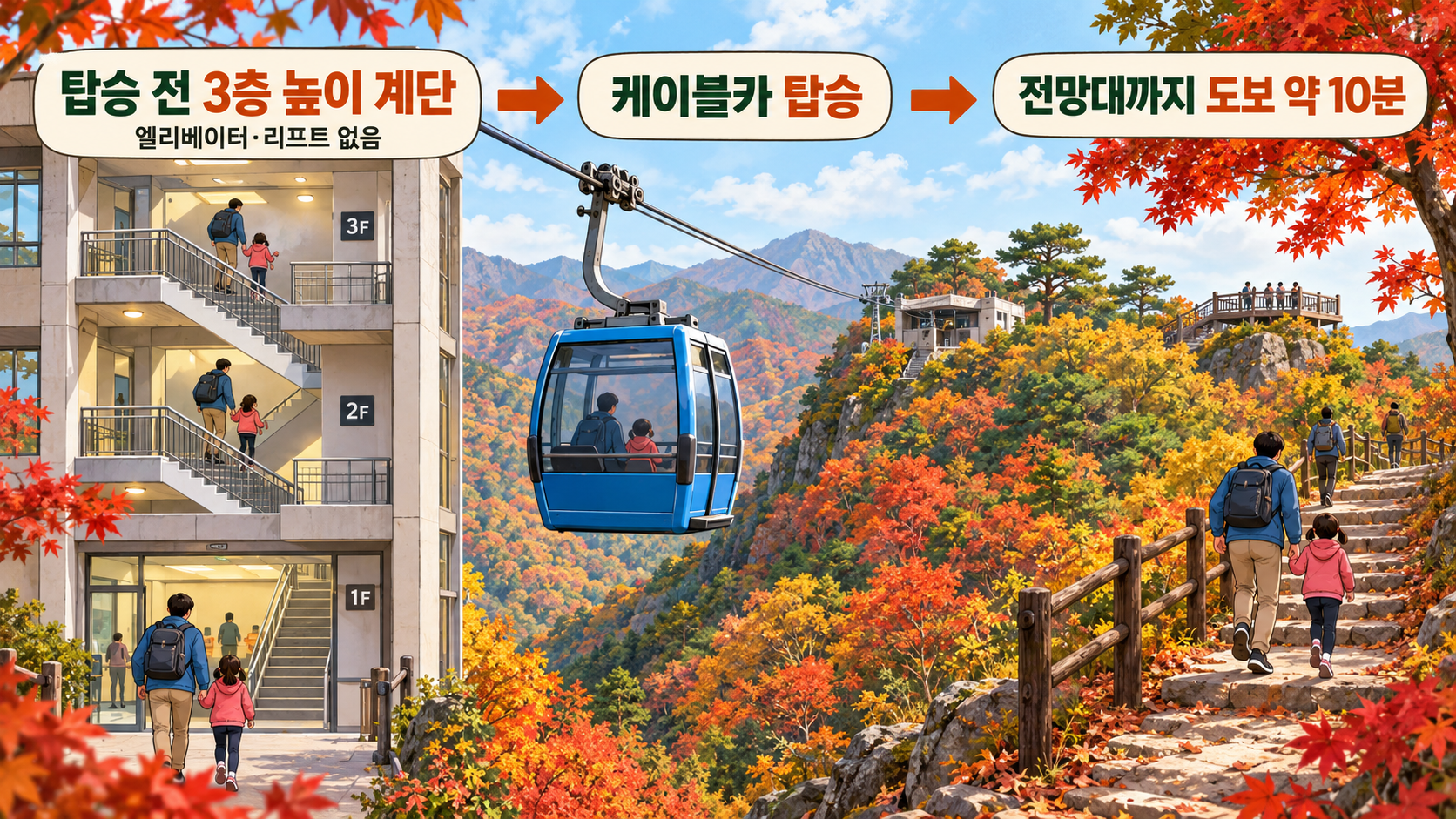 탑승 전 3층 높이 계단과 케이블카에서 내린 뒤 전망대까지 걷는 구간