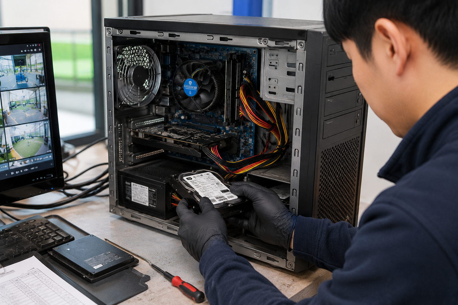 오래 사용한 광고용 컴퓨터 내부의 저장장치와 케이블 상태를 점검하는 장면