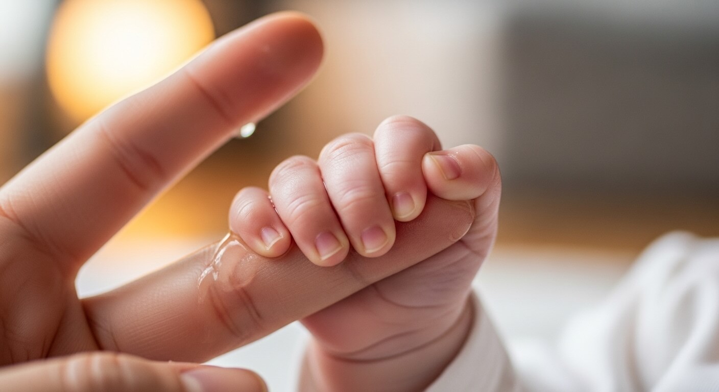 부모의 손가락을 잡고 있는 아기의 작은 손, 아기 마사지를 통한 교감과 유대감을 상징.