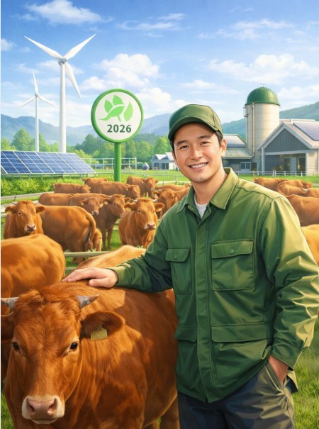 축산업 종사자가 소들과 함께 밝게 웃고 있는 그림