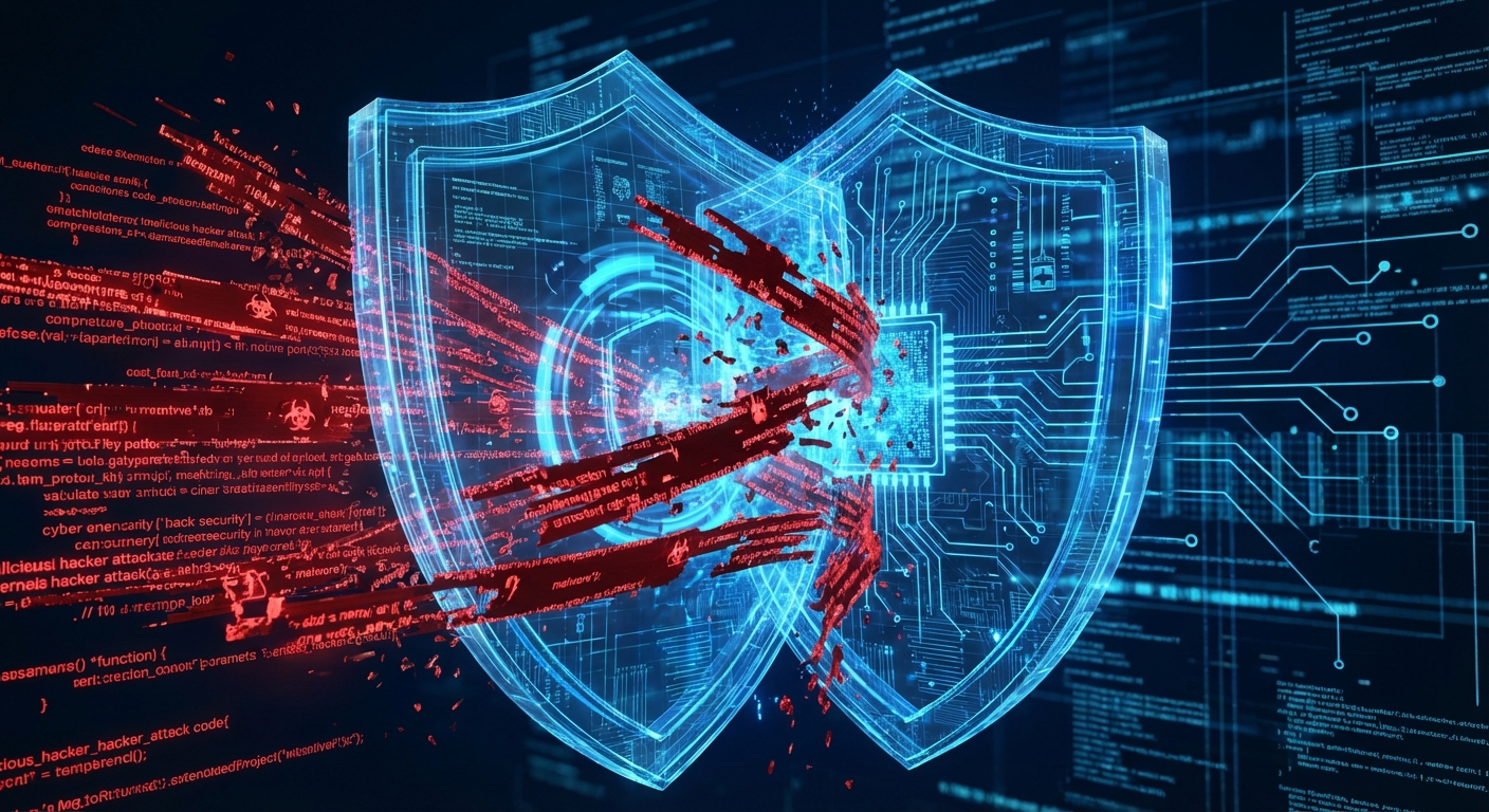 AI 알고리즘이 해킹 시도를 실시간으로 감지하고 차단하는 디지털 방어막 시스템의 개념도