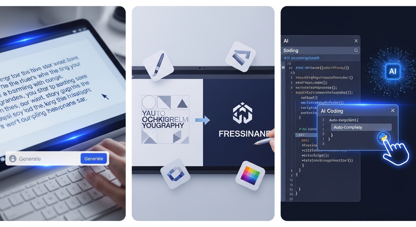 AI 글쓰기, 디자인, 코딩 등 다양한 AI 부업 활동을 보여주는 현대적인 콜라주 이미지