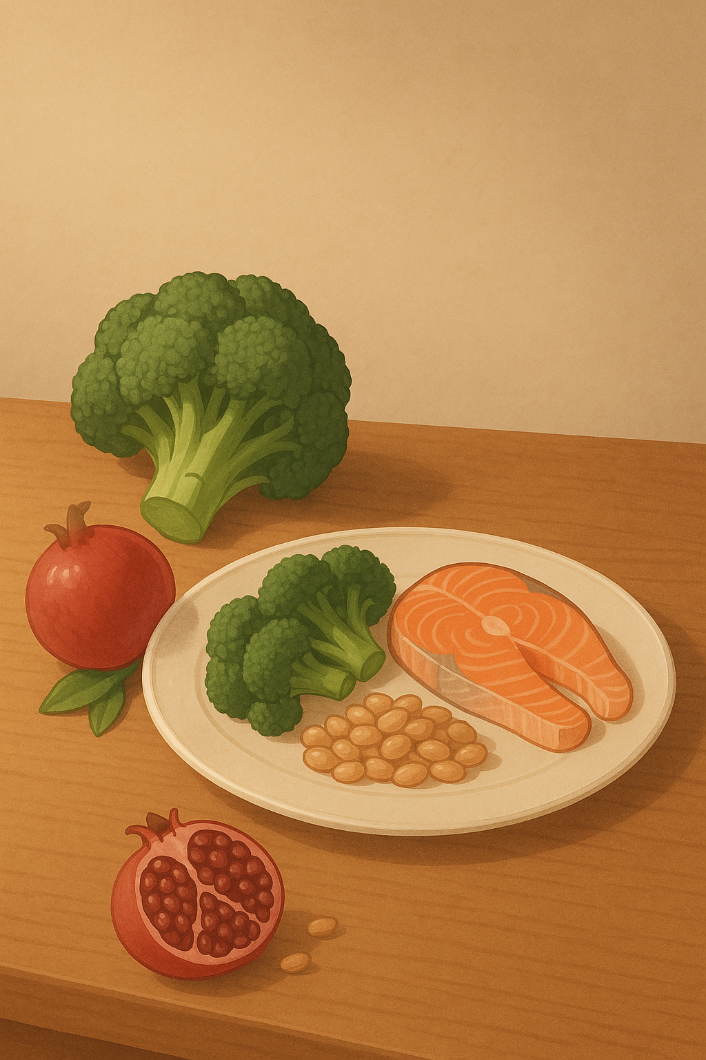 부드러운 조명 아래에서 브로콜리&amp;#44; 콩&amp;#44; 연어 등 건강 식품이 놓인 식탁