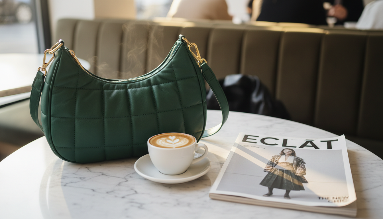대리석 카페 테이블 위에 놓인 고급스러운 반달 모양의 퀼팅 가죽 호보백과 커피