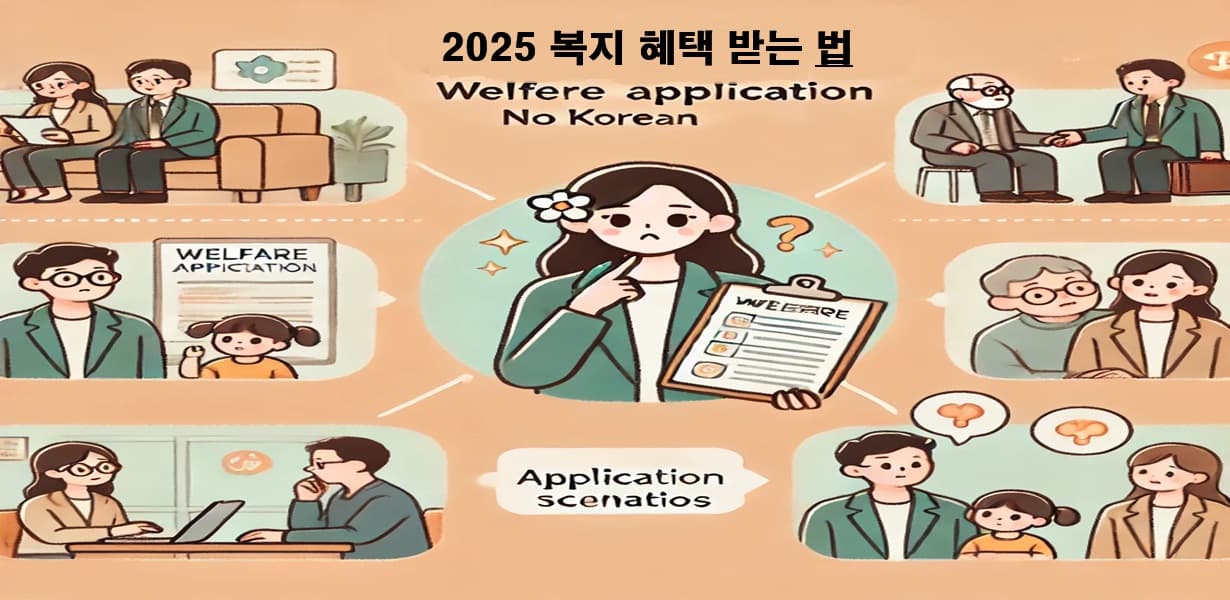 여성 신청자가 복지 문서를 들고 고민하는 장면과, 다양한 복지 상담 상황을 묘사한 일러스트 이미지