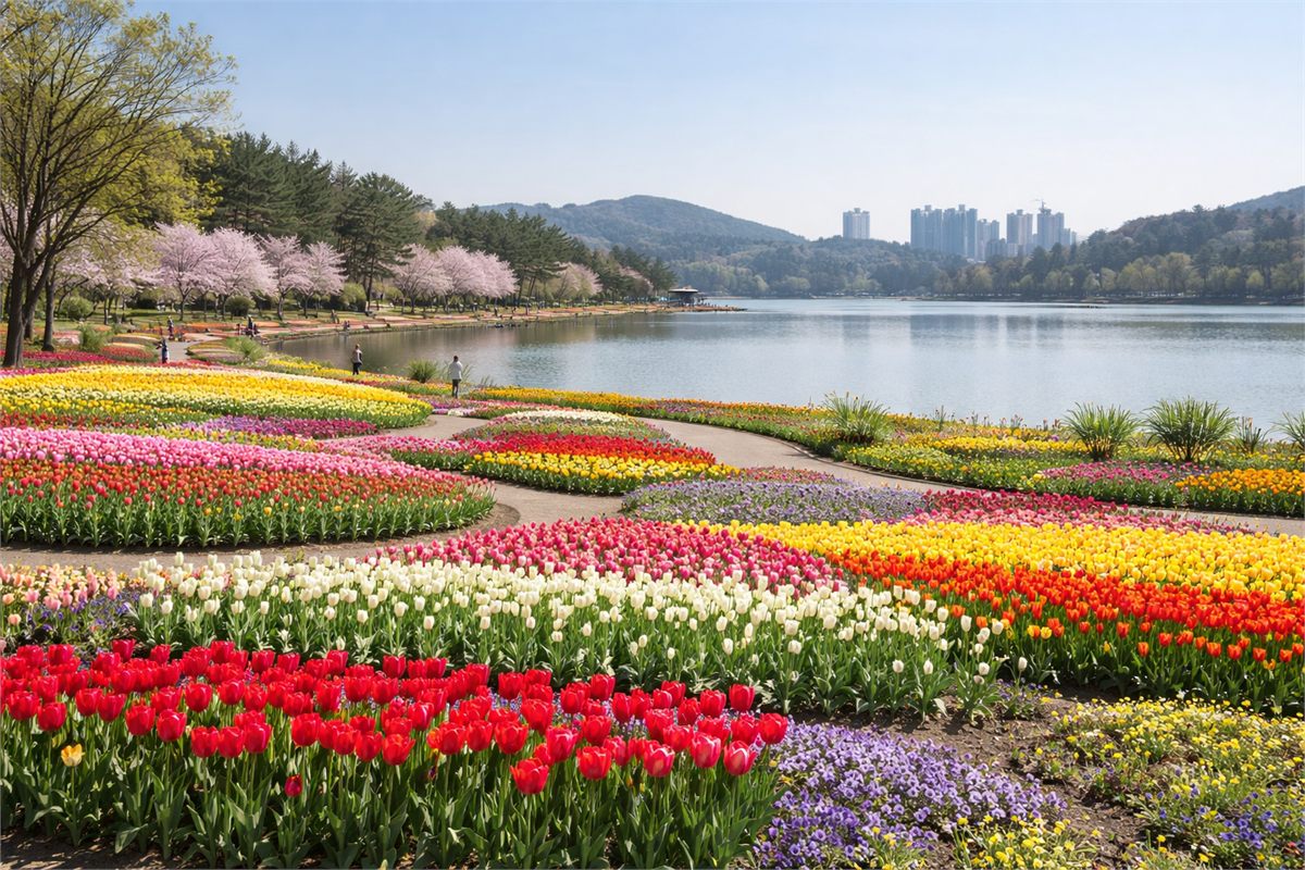 일산호수공원 꽃박람회장의 넓은 튤립 정원 전경 