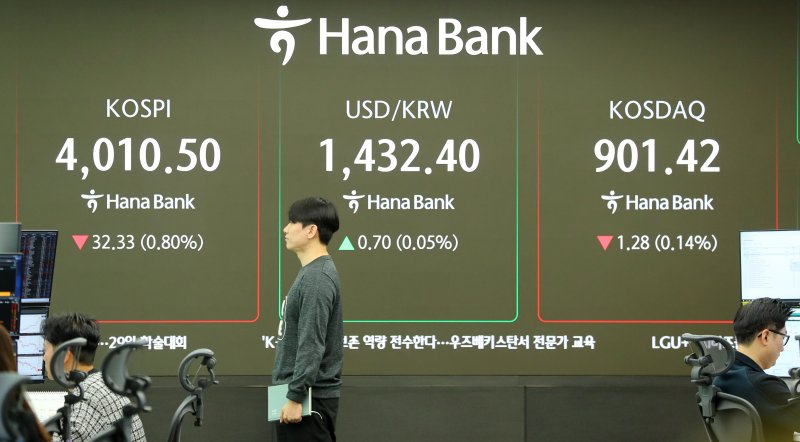 서울 중구 하나은행 딜링룸 전광판에 지수가 표시 되고 있다.